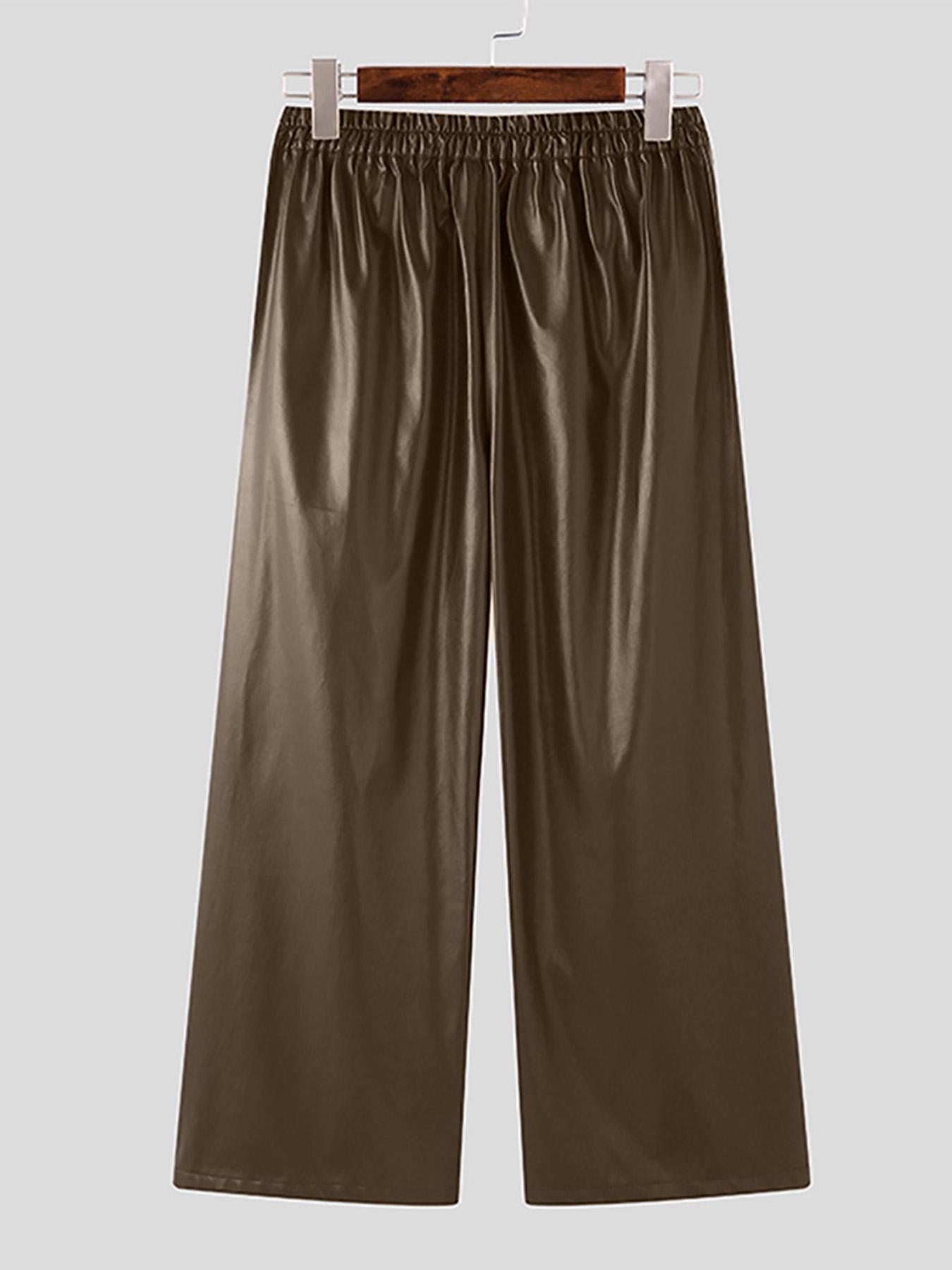 HEARUJOY  -  Men's Casual Straight Leg Pants with Buttoned Waist - Brown Shiny Fabric, Loose Fit for Streetwear, Hip-Hop Style, and Party Wear