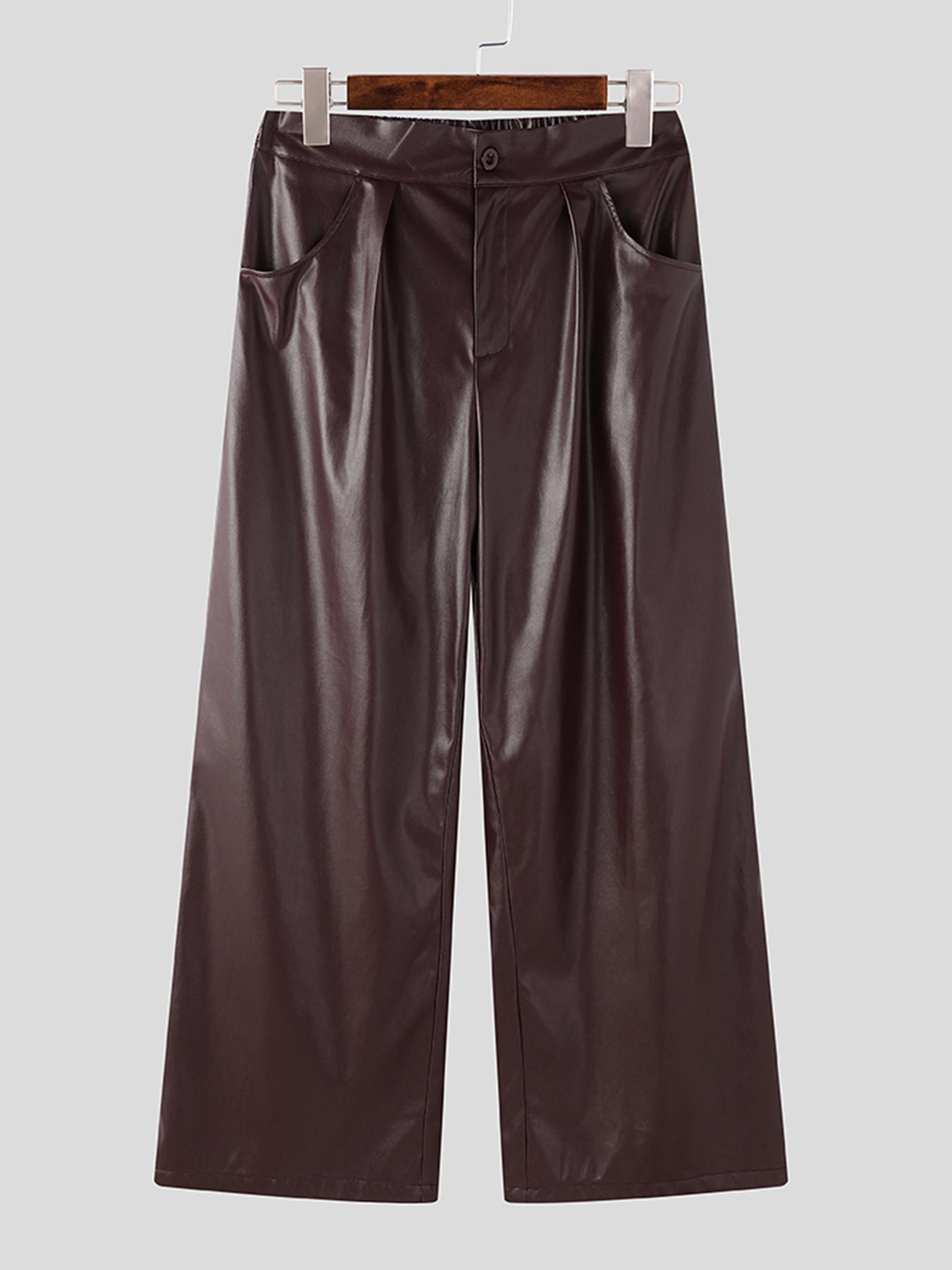 HEARUJOY  -  Men's Casual Straight Leg Pants with Buttoned Waist - Brown Shiny Fabric, Loose Fit for Streetwear, Hip-Hop Style, and Party Wear