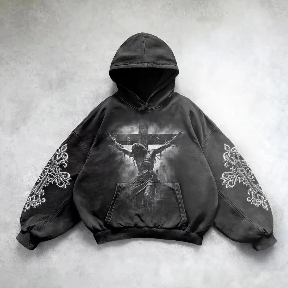 Hearujoy  Men Street Vintage High Street Hooded Sweatshirt Casual and Comfortable for All Seasons Plus Size Loose Print Y2k Punk Style