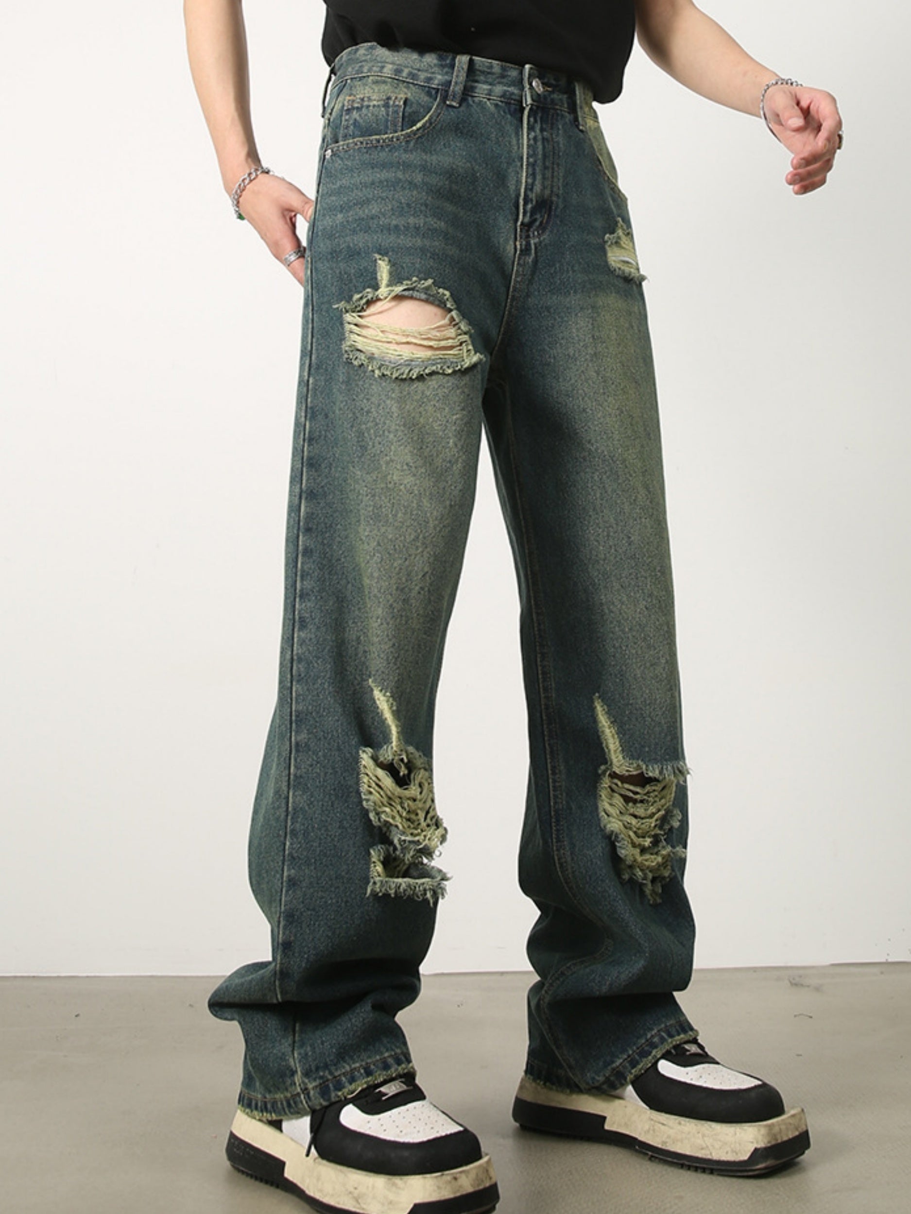 Hearujoy Men's Denim New Design Sense Street Dance Hip-hop Skateboard Hole Straight Leg Jeans Frosted Wide Leg Loose Casual Denim Pants
