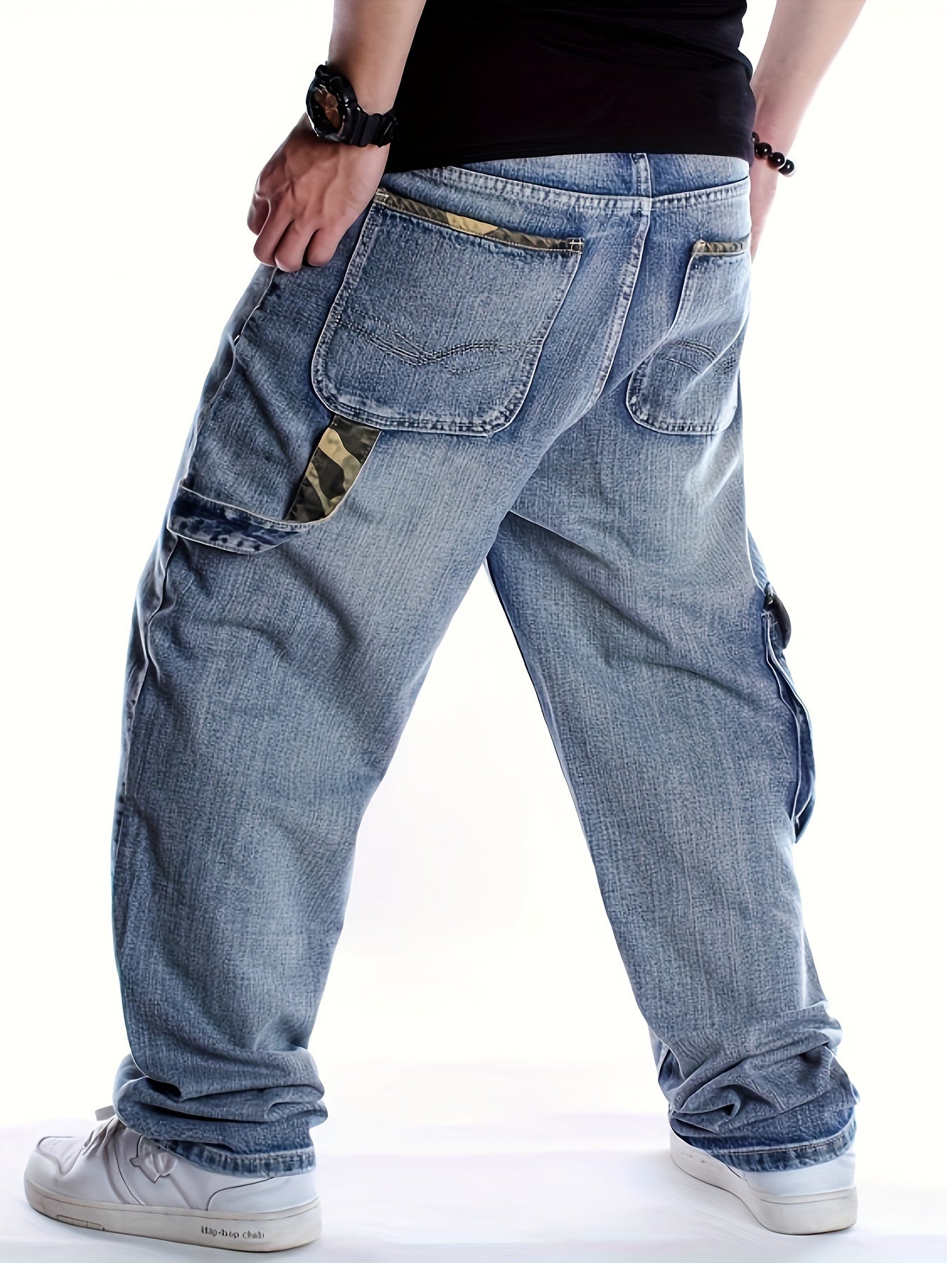 Hearujoy [Loose Oversized Light Jeans] Men's multi pocket light colored jeans, loose and oversized long pants, men's street trend hip-hop oversized street dance skateboard pants, suitable for all seasons