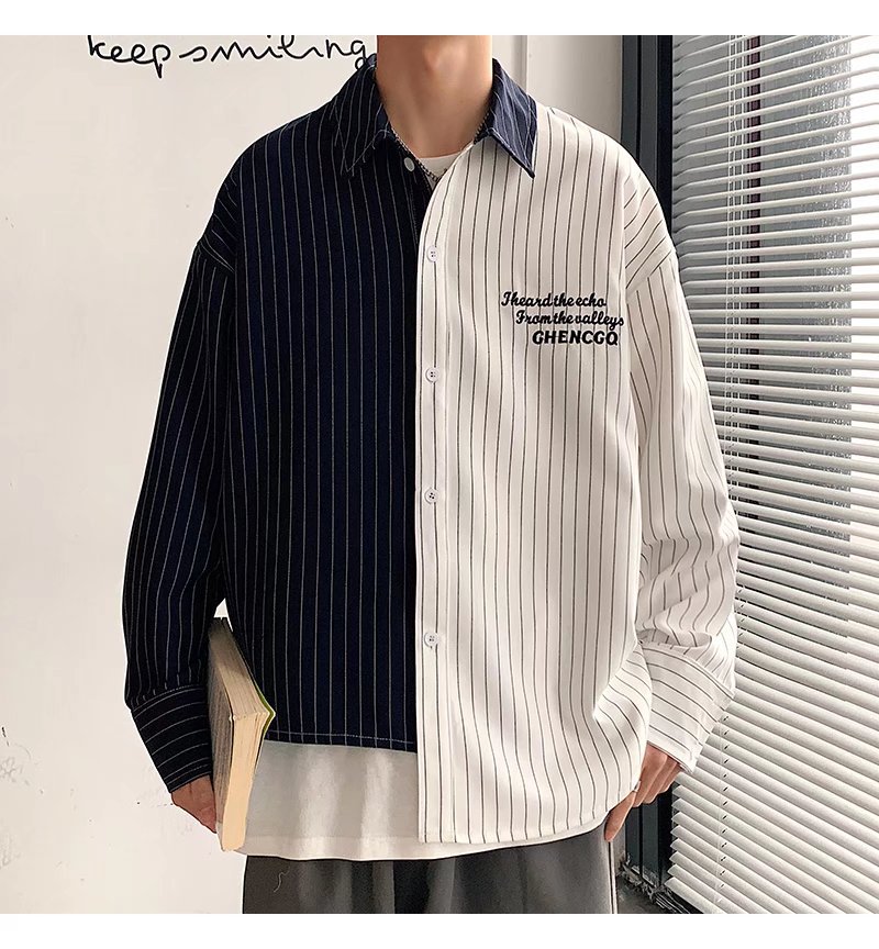 Hearujoy Fashion Men Irregular Patchwork Striped Shirt Loose Long Sleeve Tops Spring Autumn Trend Streetwear Handsome Youth Shirts Male
