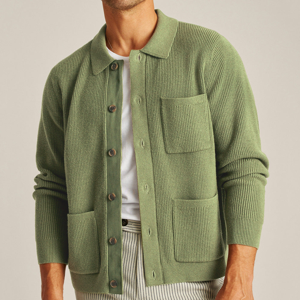 Hearujoy Multi Pocket High-density Knitted Shirt For Men Casual Solid Color Long Sleeve Knit Jackets Autumn Fashion Vintage Sweaters