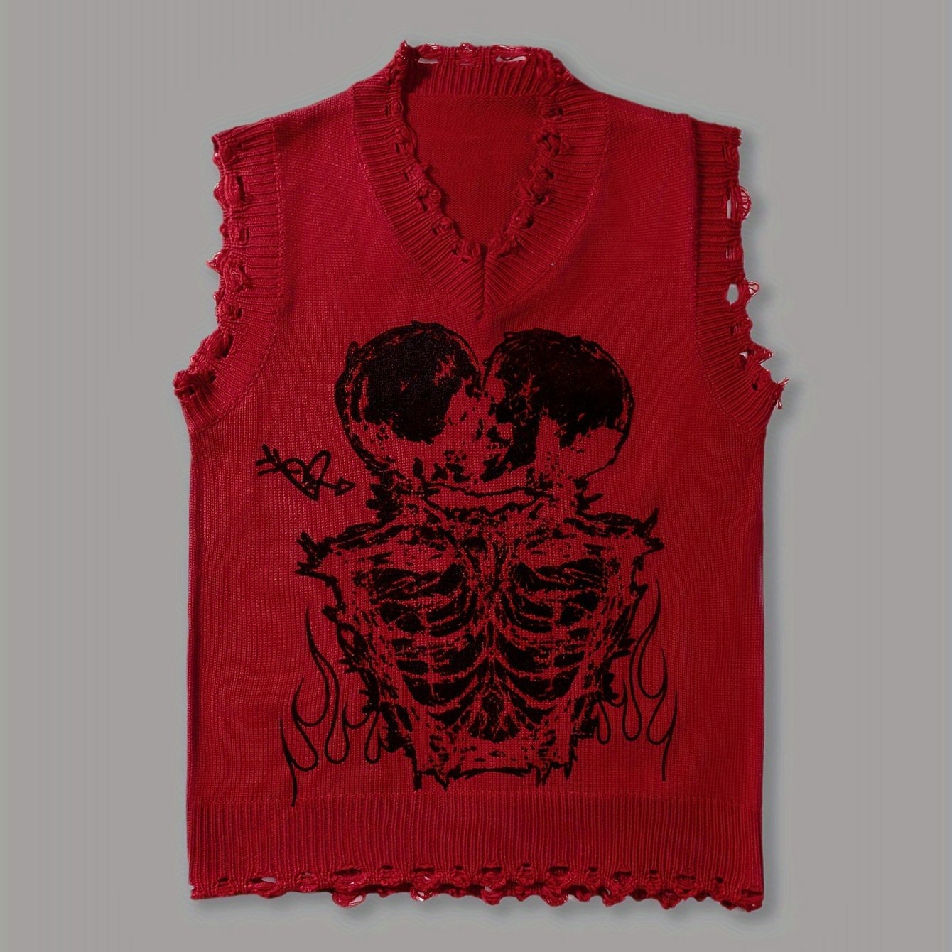 Hearujoy Stylish Men's Brown Knit Sweater Vest with Skull Print - Casual V-Neck, Sleeveless Pullover with Raw Hem Detail, Perfect for Summer