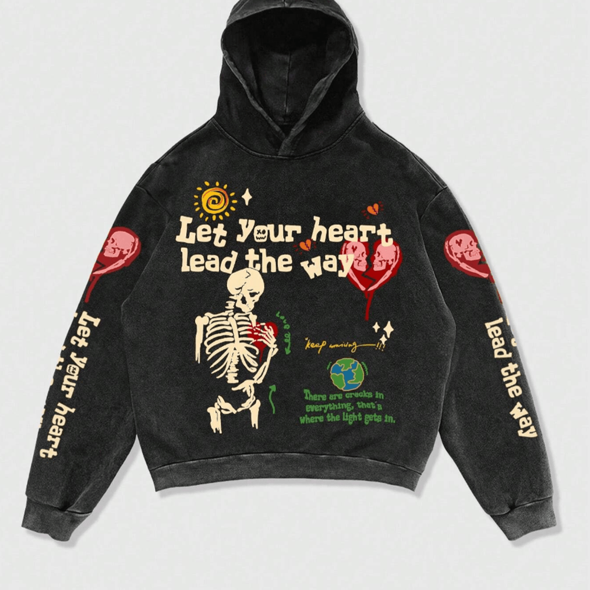 Hearujoy Let your heart lead the way Retro Y2K Hoodie Gothic Casual Alphabet Blast Print Pattern Skull Fashion Hoodie Men Harajuku Men Clothing