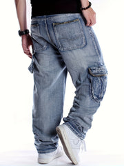 Hearujoy [Loose Oversized Light Jeans] Men's multi pocket light colored jeans, loose and oversized long pants, men's street trend hip-hop oversized street dance skateboard pants, suitable for all seasons