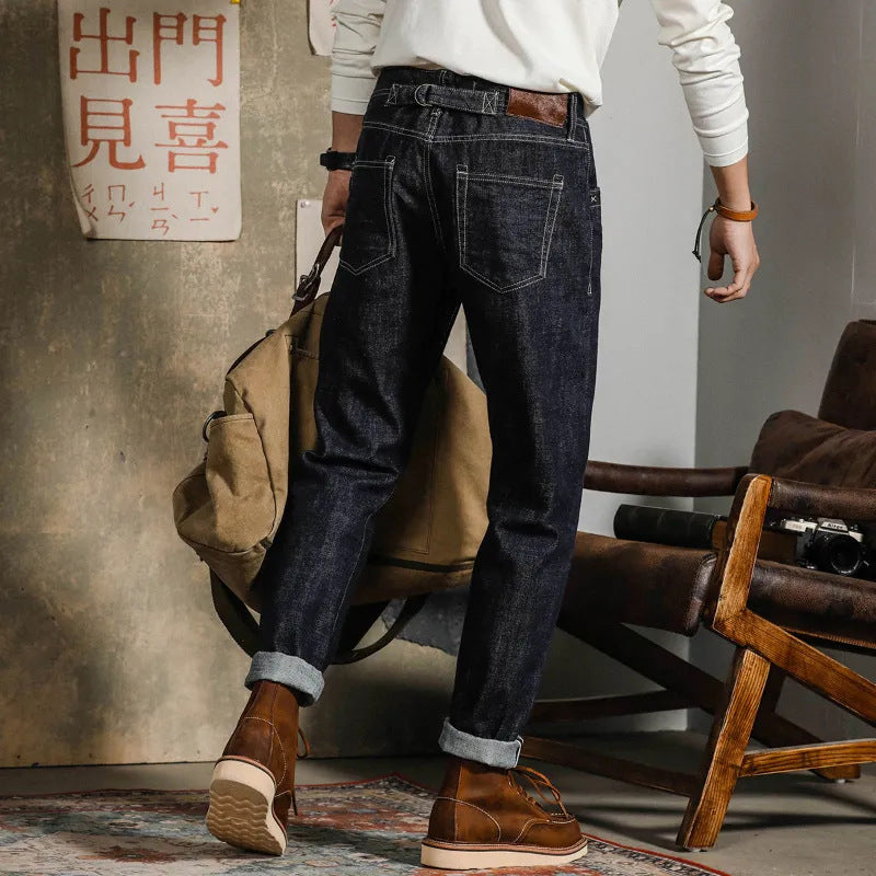 Hearujoy American Vintage Heavy weight Denim pants Men Spring Autumn Dark Straight Jeans Amekaji Trousers Back Paris Buckle Cargo Pants