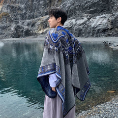 Hearujoy Ethnic Style Slit Thick Shawl Men Travel Photography Warm Scarf Vintage Poncho Fashion Cape Outwear Cloak Streetwear Unisex