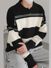 Hearujoy Men's Preppy Striped Knit Shirt - Casual Long Sleeve, Loose Fit for Spring/Fall