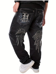 Hearujoy Loose Embroidery Vintage Straight Leg Jeans - Men's Hip Hop Dance Denim Pants for All Seasons