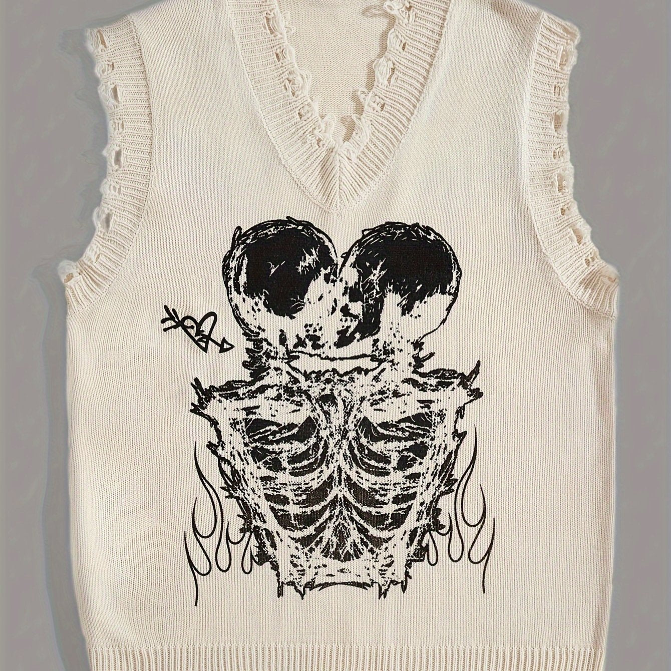 Hearujoy Stylish Men's Brown Knit Sweater Vest with Skull Print - Casual V-Neck, Sleeveless Pullover with Raw Hem Detail, Perfect for Summer