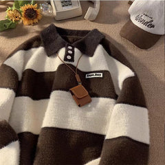 Hearujoy Retro Striped Knitted Polo Shirt Men Autumn Winter Thick Contrast Color Sweater Japanese Lazy Style Loose Trendy Knit Tops