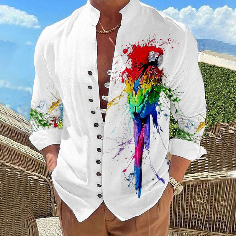 Hearujoy Vintage 3D Print Shirt Mens Long Sleeve Stand Collar Loose Casual Top Streetwear Spring Autumn Fashion Retro Shirts For Men