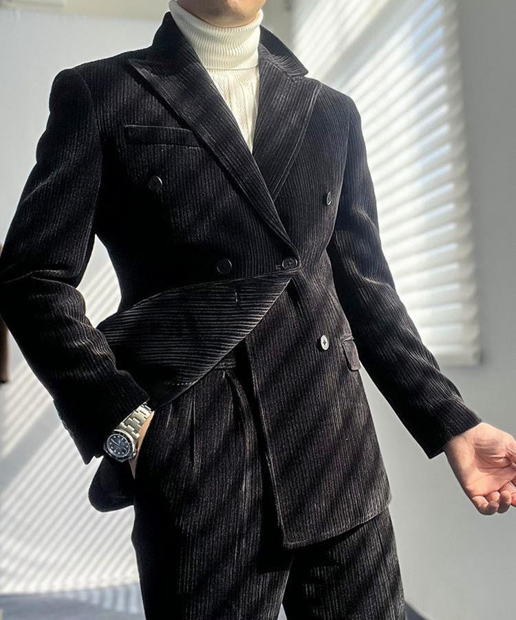Hearujoy British Style Men's Corduroy Casual Double Breasted Suit And Naples Pant Two-piece Set Fashion Vintage Business Suits Outfits