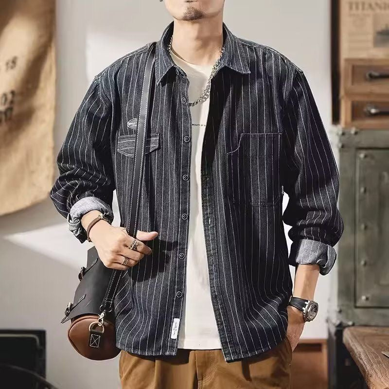 Hearujoy Japanese Retro Style striped shirt For Men Spring Autumn Long Sleeve Loose Tops American heavyweight Workwear Shirts Streetwear