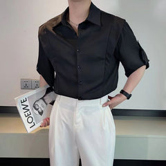 Hearujoy Summer Ice Silk Shirt For Men Fashion Casual Three Quarter Sleeve Tops Trendy Vintage Fake Two Shirts Streetwear Advanced Sense