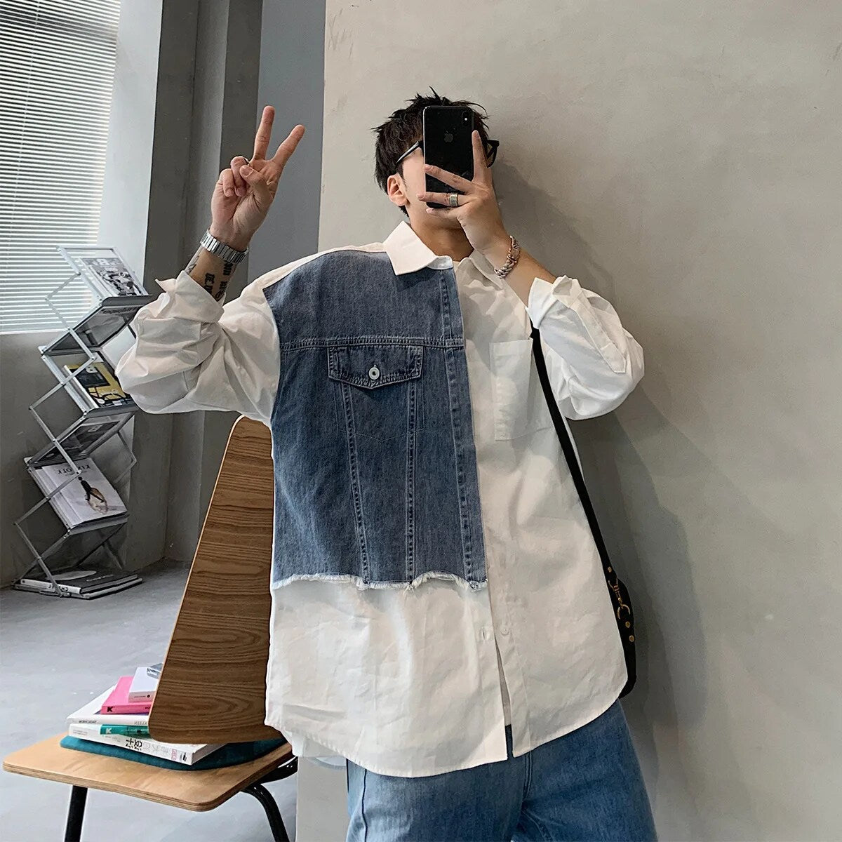 Hearujoy Denim Patchwork White Shirt Men Lapel Long Sleeve Button Loose Tops Spring Autumn Fashion Vintage Shirts Streetwear Male