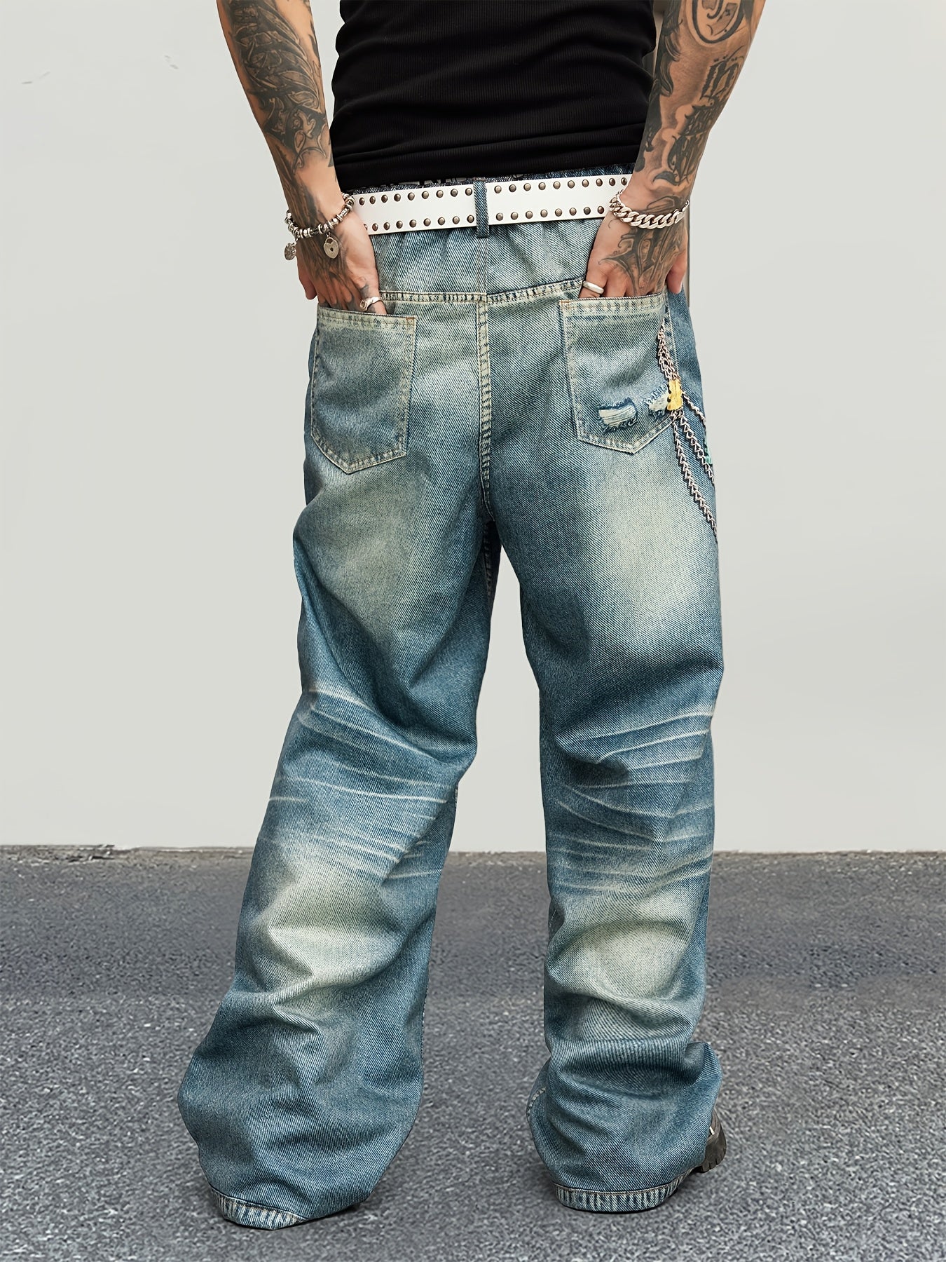 Hearujoy Men'S Street Style Wide Leg Faux Denim, 100% Polyester, Unique Chain Print & Burnout Design, Casual Mid Waist with Pockets, Non-Stretch Woven Fabric, Zipper Placket, Loose Fit, Regular Length