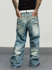 Hearujoy Men'S Street Style Wide Leg Faux Denim, 100% Polyester, Unique Chain Print & Burnout Design, Casual Mid Waist with Pockets, Non-Stretch Woven Fabric, Zipper Placket, Loose Fit, Regular Length