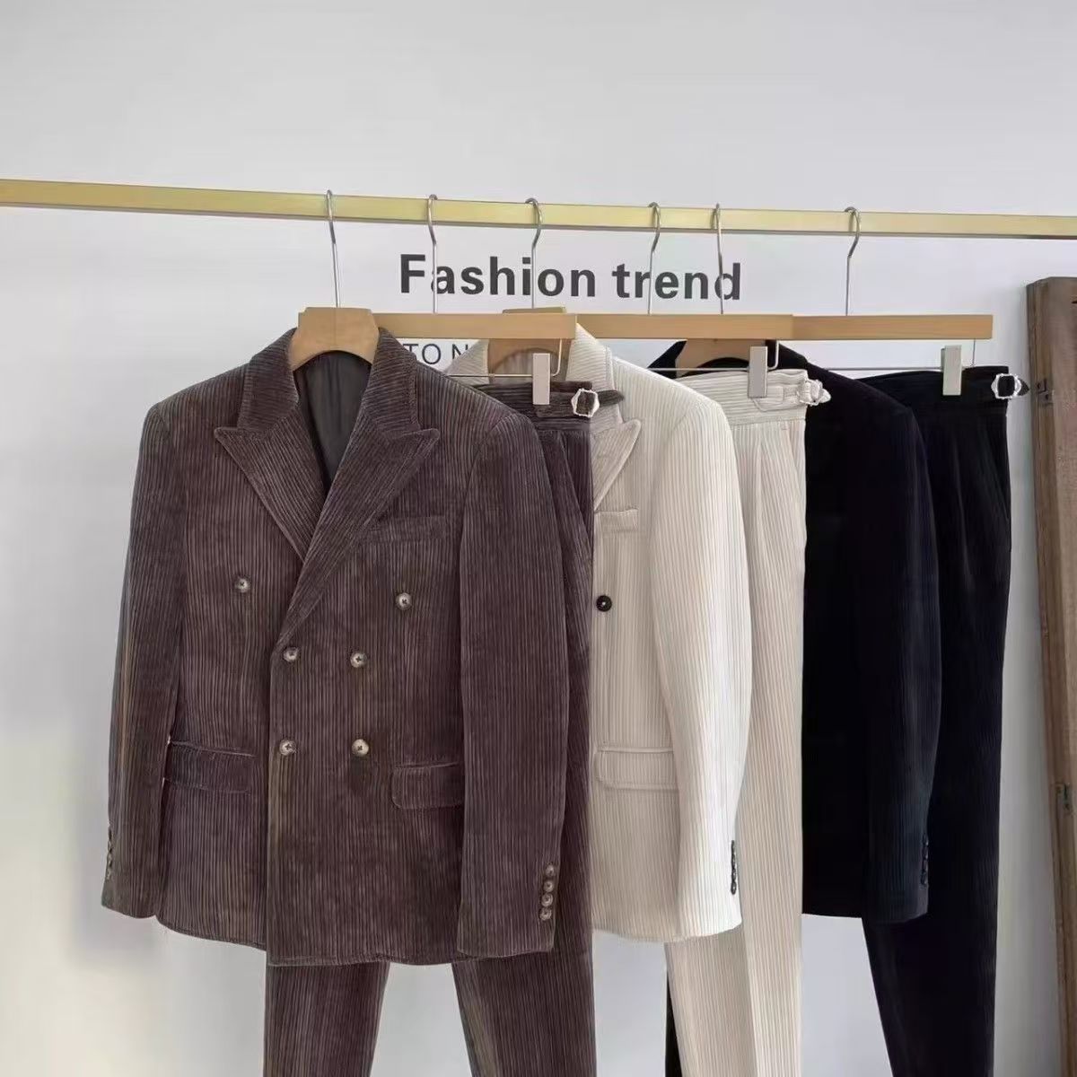 Hearujoy British Style Men's Corduroy Casual Double Breasted Suit And Naples Pant Two-piece Set Fashion Vintage Business Suits Outfits