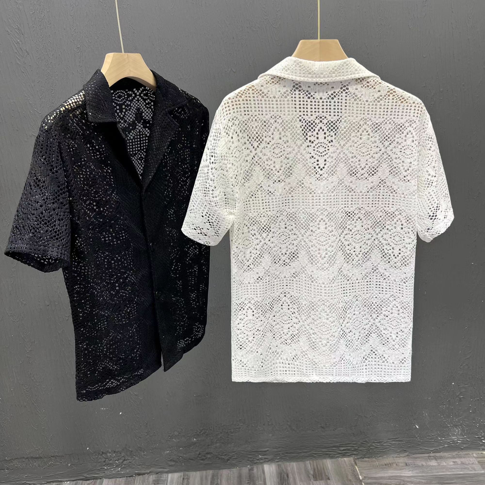 Hearujoy Vintage Ice Silk Lace Shirts For Men Sexy Lace Breathable Hollow Out Tops Summer Fashion Cuban Collar Short Sleeved Shirt Male