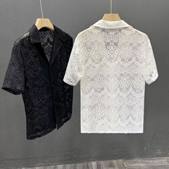 Hearujoy Vintage Ice Silk Lace Shirts For Men Sexy Lace Breathable Hollow Out Tops Summer Fashion Cuban Collar Short Sleeved Shirt Male
