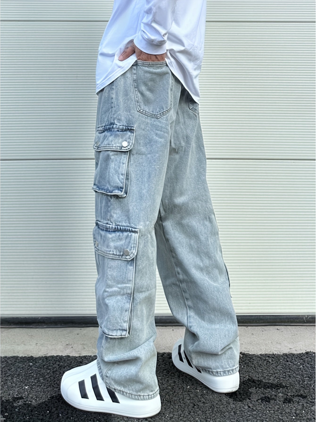 Hearujoy Men's Fashionable Street Style Multi-Pocket Denim Jeans, Casual Loose Fit Straight Leg Pants