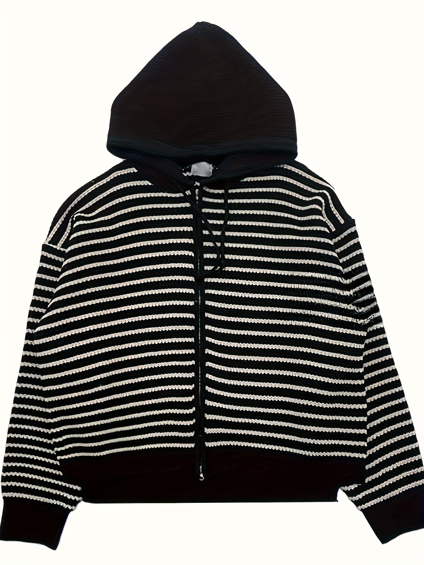 HEARUJOY  -  Men's Casual Striped Hooded Knit Cardigan - Soft Acrylic Zip-Up Sweater, Loose Fit for All Seasons, Black & White Vertical Stripes, Perfect for Commuting or Leisure Outings, Allseason Sweater | Zipup Cardigan | S