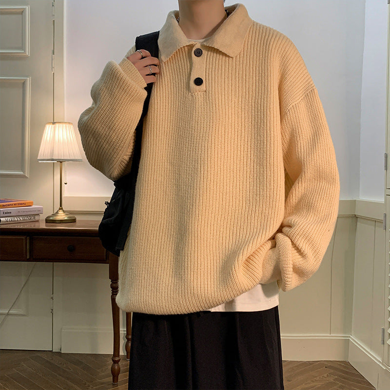 Hearujoy Vintage Mens Polo Neck Sweater Autumn Winter Long Sleeved Knitted Top Japanese Lazy Style Fashion Loose Knit Sweater Thick