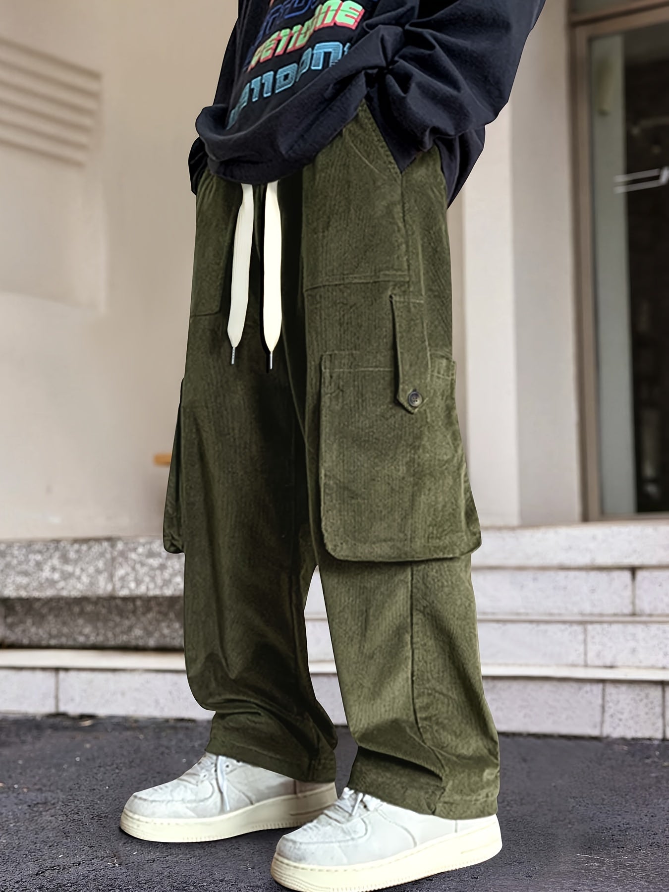 Hearujoy Men's Loose Solid Corduroy Pants With Multi Pockets, Casual Drawstring Trousers For Outdoor Activities Gift