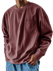 Hearujoy Oversized Loose Long sleeve T-shirt For Men 2025 Spring Fashion Vintage Top Tee Solid Casual Chest Pocket Tshirts streetwear