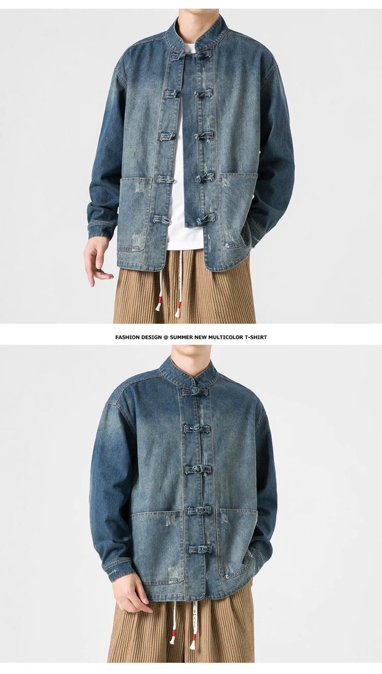 Hearujoy Retro Chinese Style Washed Denim Jacket For Men Spring Autumn Long Sleeved Stand Collar Top Fashion Vintage Ethnic Shirts Coat