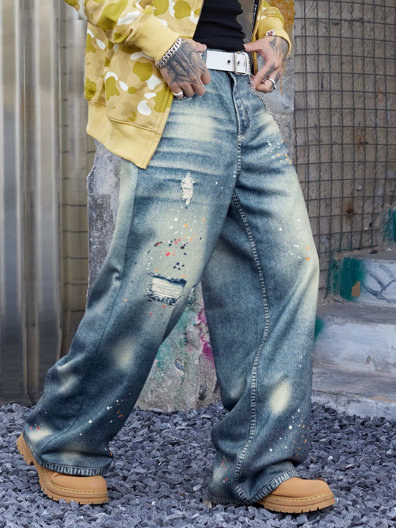 Hearujoy 1pc Unisex High-Waisted Geometric Print Faux Denim Pants - Polyester, Loose Fit, Non-Stretch, Pockets, Regular Length for Daily Leisure Wear