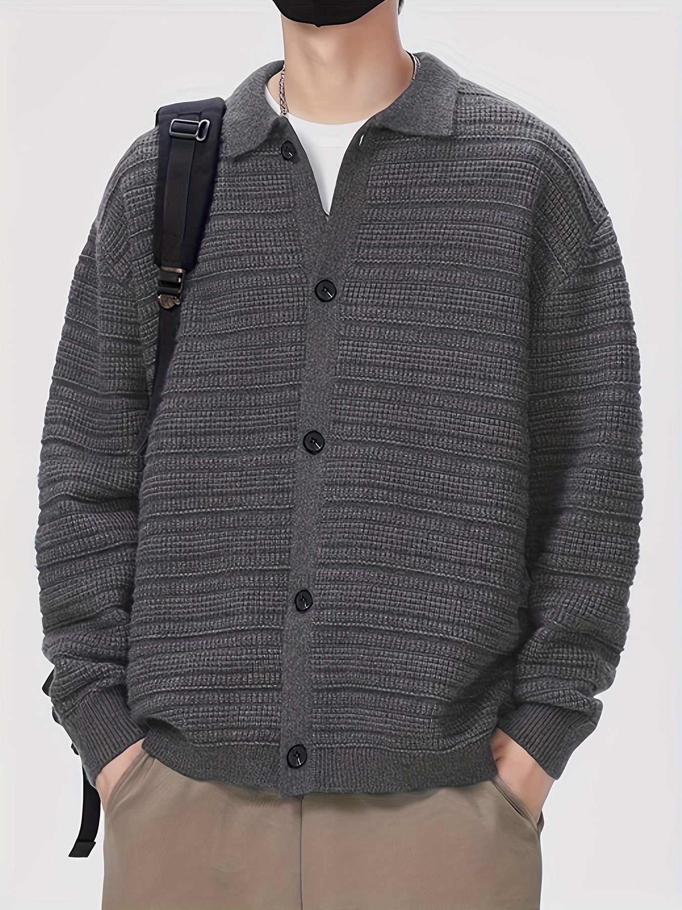 Hearujoy Men'S Fall/Winter Casual Rib-Knit Cardigan, Acrylic Blend, Preppy Style, Loose Fit, Relaxed Shoulder, Long Sleeve, Solid Color, Medium Stretch, Knit Fabric, with Lapel Collar and Open Front for Men