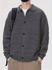 Hearujoy Men'S Fall/Winter Casual Rib-Knit Cardigan, Acrylic Blend, Preppy Style, Loose Fit, Relaxed Shoulder, Long Sleeve, Solid Color, Medium Stretch, Knit Fabric, with Lapel Collar and Open Front for Men
