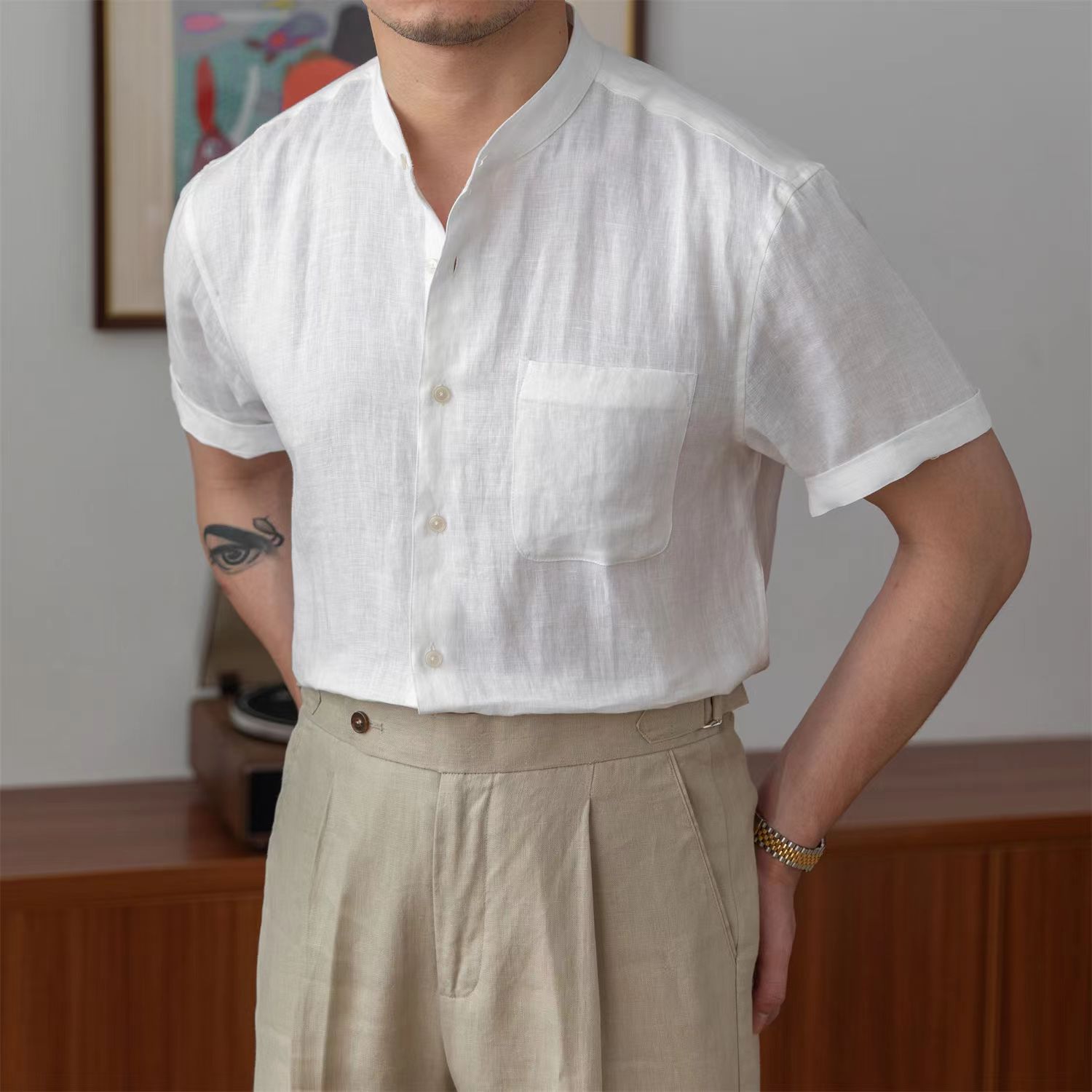 Hearujoy Vintage  Linen Shirt For Men Summer Thin Breathable Short sleeved Tops Light Luxury Casual Loose Stand Collar Blouse Streetwear
