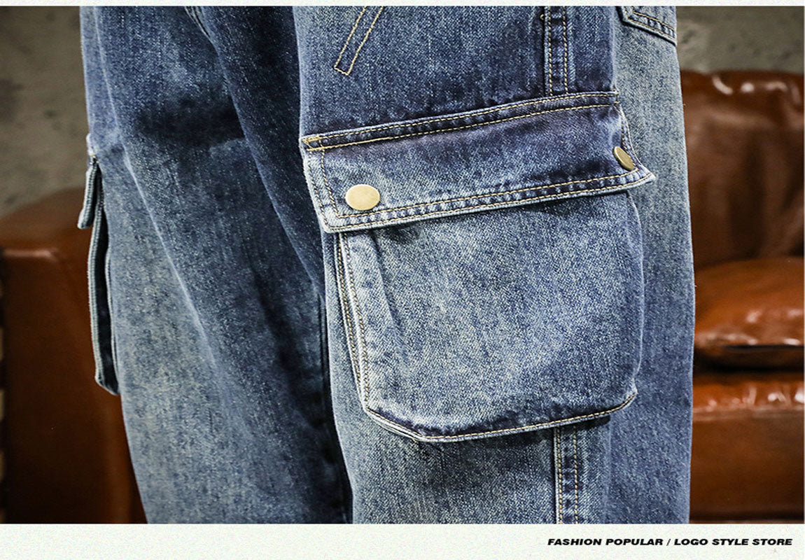 Hearujoy American Style Multi Pocket Denim Pants Men Spring Autumn Loose Straight Trouser Trendy Vintage Cargo Jeans Fashion Streetwear
