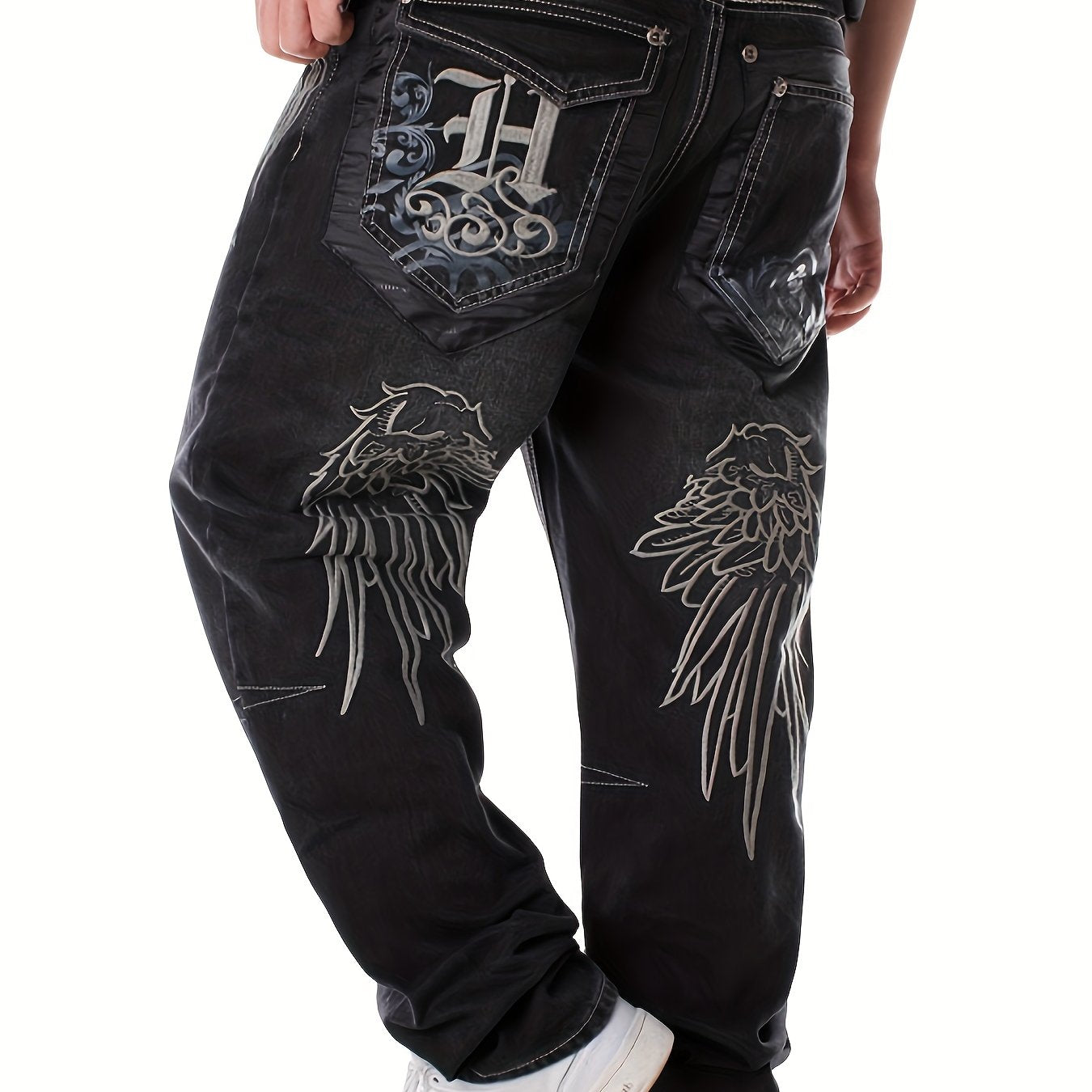 Hearujoy Loose Embroidery Vintage Straight Leg Jeans - Men's Hip Hop Dance Denim Pants for All Seasons