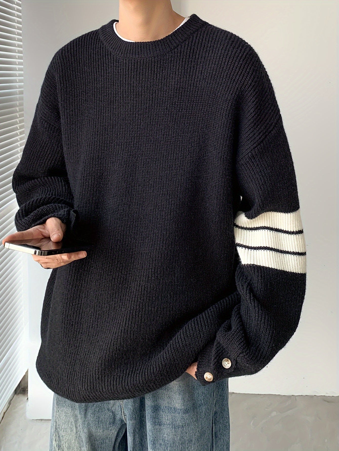 Men'S Casual Crew Neck Knit Sweater, Polyester Blend, Loose Fit Pullover, with Stripe Detail and Button Sleeves, for Fall & Winter