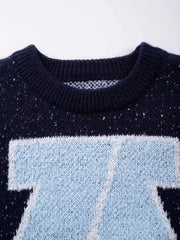 Hearujoy Navy Blue and Light Gray Letter "A" Knit Sweater - Casual, Loose Fit, Fashionable Pullover for Fall/Winter, Cute Sweaters