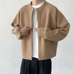 Hearujoy Vintage Solid Color Knitted Cardigan For Men Autumn Round Neck Loose Sweater Fashion Japanese Retro Style Knit Jacket Coat
