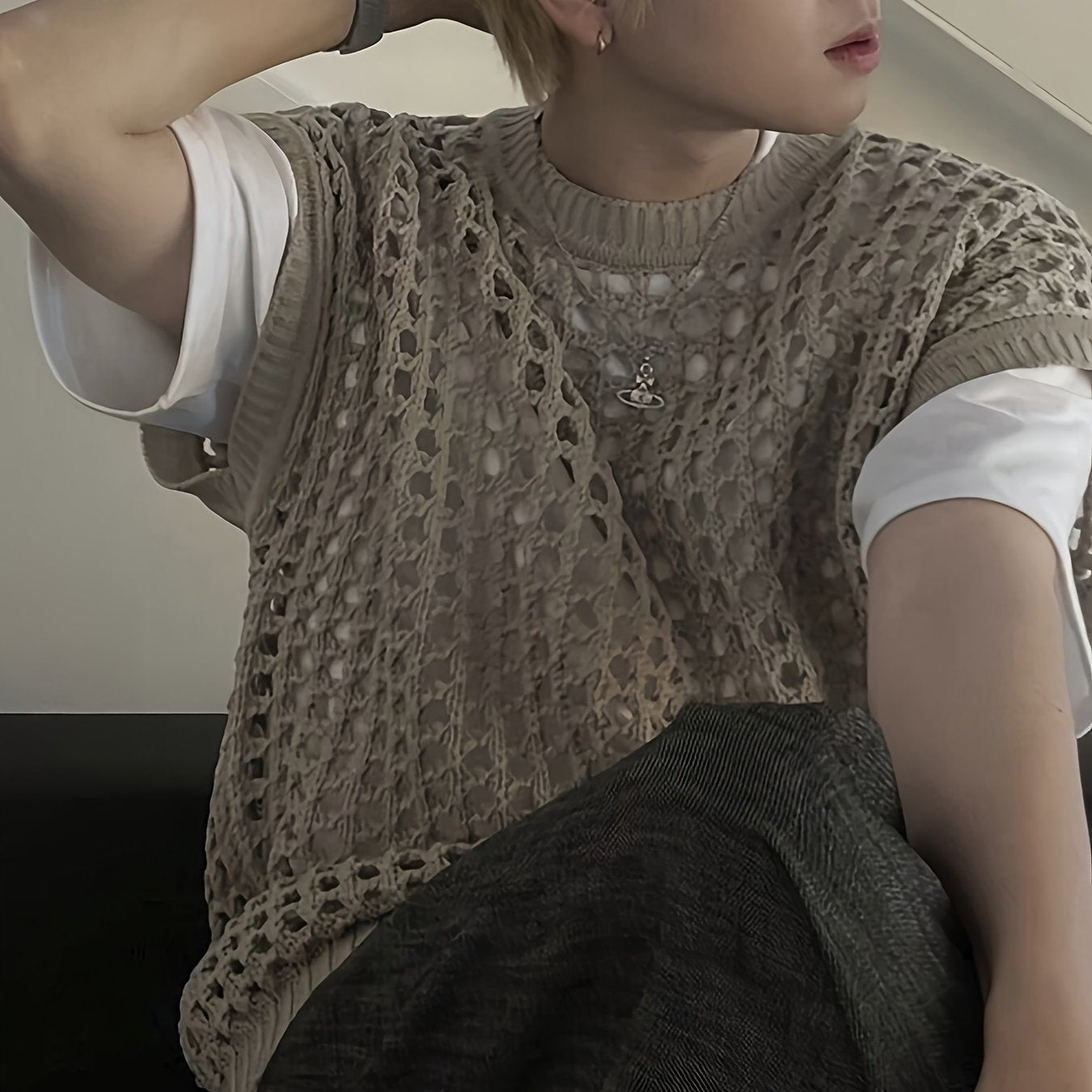 Hearujoy Solid Color Viscose Tank Top - Men's Fashion Hollow-Out Crew Neck Sleeveless Knit Vest for Casual, Outdoor, Streetwear - Spring/Summer/Fall Season