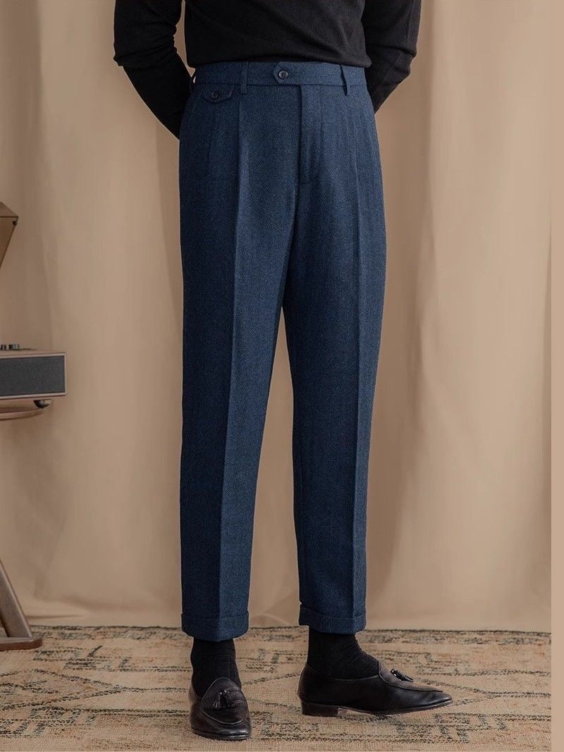 Hearujoy Italian Vintage Suit Pant For Men Autumn Winter Wool Herringbone Pattern Straight Trousers British Style Business Casual Pants