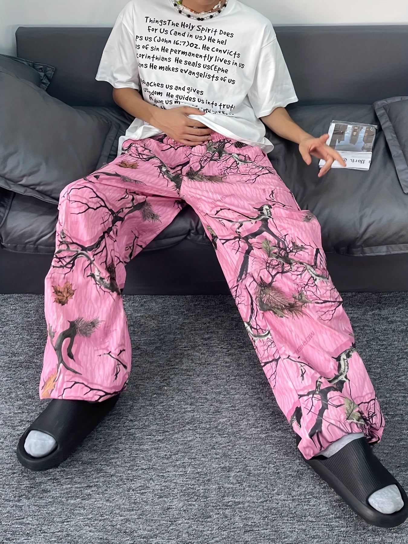 Hearujoy Men's Street Style Plant Print Drawstring Joggers - Casual & Fashionable Loose-Fit Sweatpants, Machine Washable, for Autumn, Spring