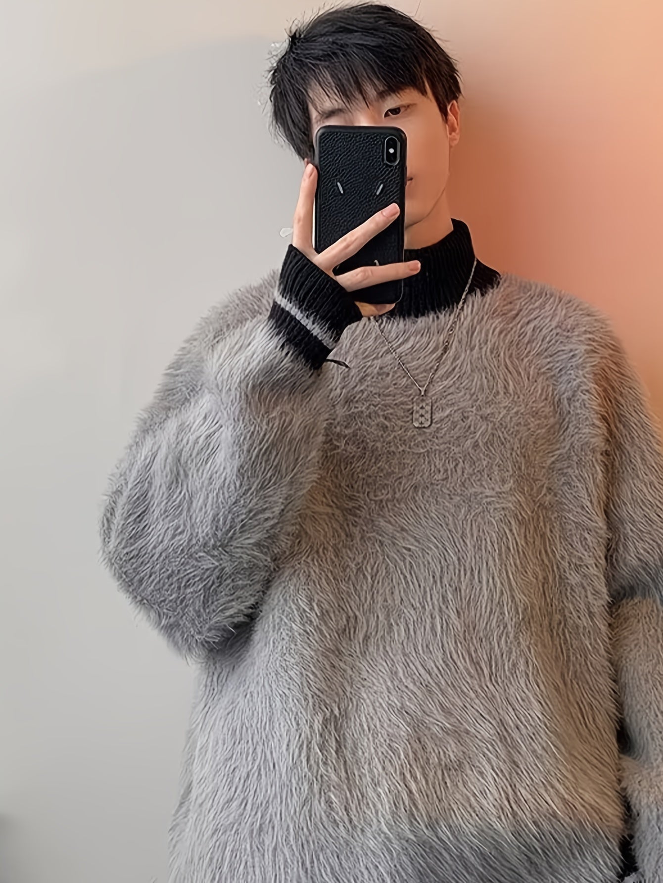 Hearujoy Men'S Casual High Neck Striped Mink Fur Sweater, Polyester Knit Fabric, Loose Fit Pullover, with Contrast Collar, for Fall/Winter