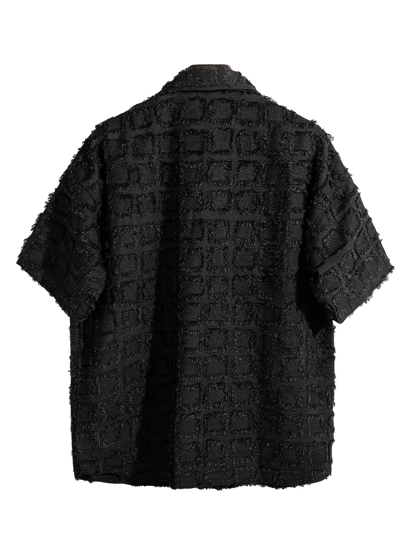 Hearujoy Stylish Men's Black Plaid Short-Sleeve Shirt with Tassel Hem - Casual American-Inspired, Button-Up, Polyester, Machine Washable for Summer Fashion