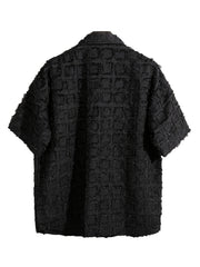 Hearujoy Stylish Men's Black Plaid Short-Sleeve Shirt with Tassel Hem - Casual American-Inspired, Button-Up, Polyester, Machine Washable for Summer Fashion