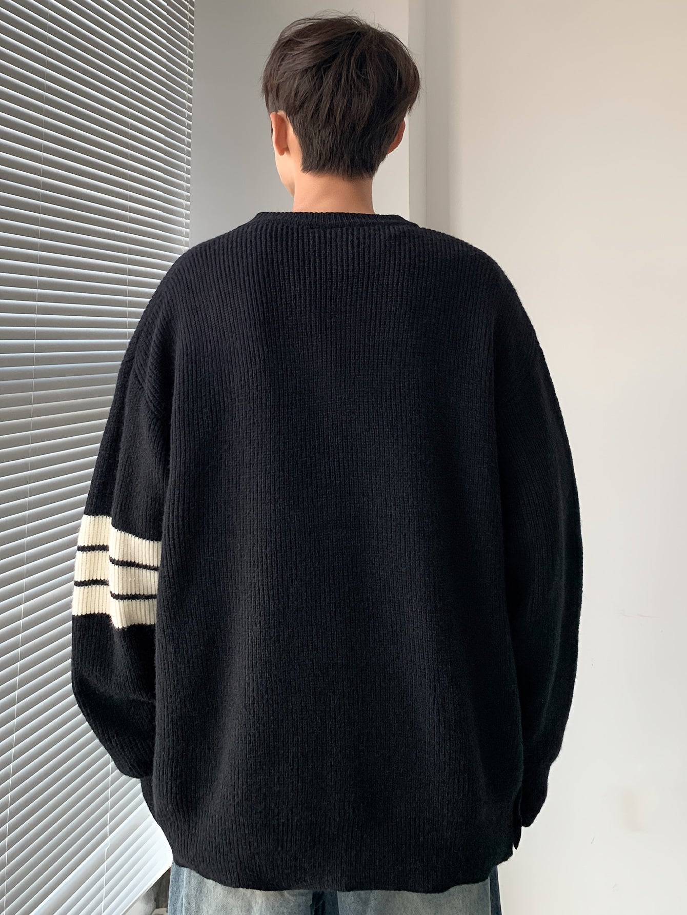 Men'S Casual Crew Neck Knit Sweater, Polyester Blend, Loose Fit Pullover, with Stripe Detail and Button Sleeves, for Fall & Winter