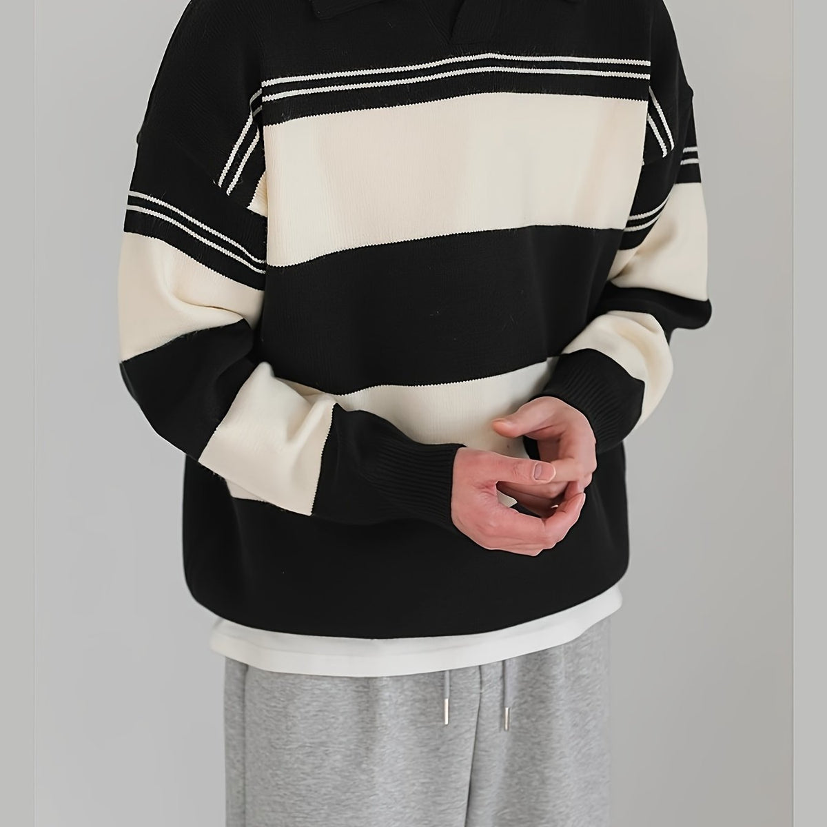 Hearujoy Men's Preppy Striped Knit Shirt - Casual Long Sleeve, Loose Fit for Spring/Fall