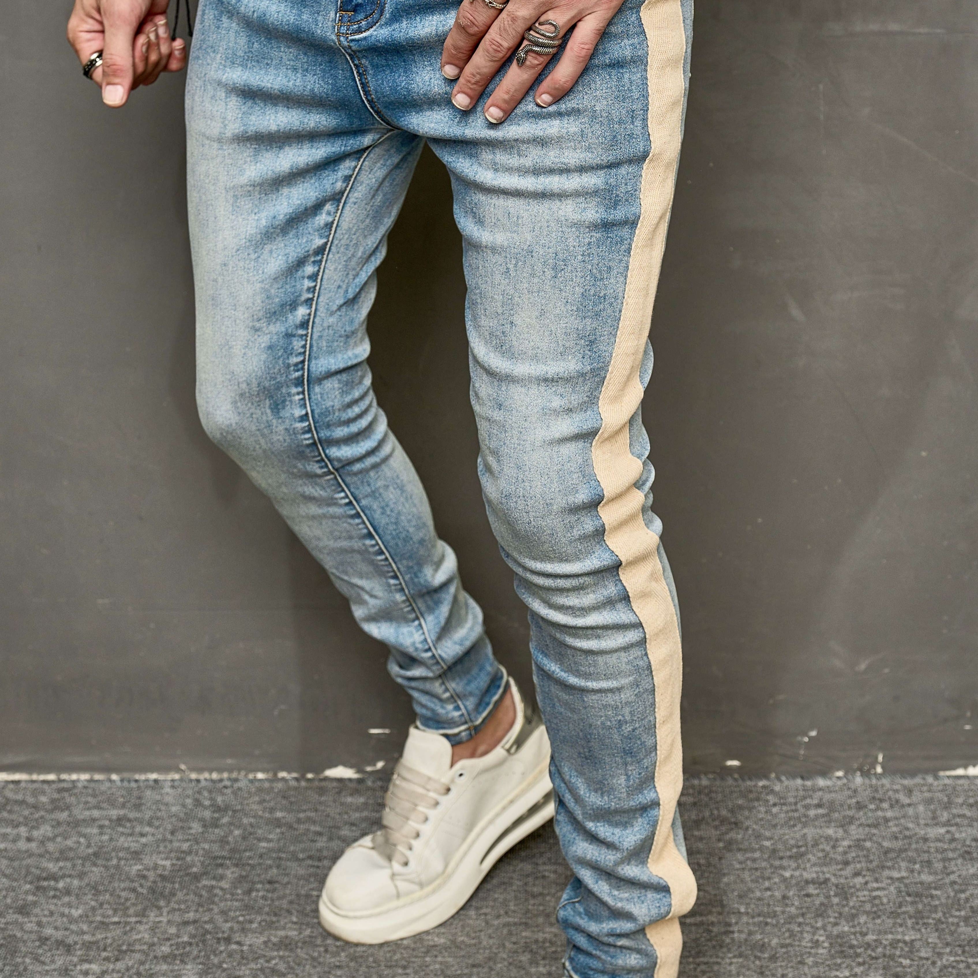Hearujoy Cross border elastic slim fit motorcycle men's jeans, casual and versatile slimming pants, trendy contrasting striped leggings